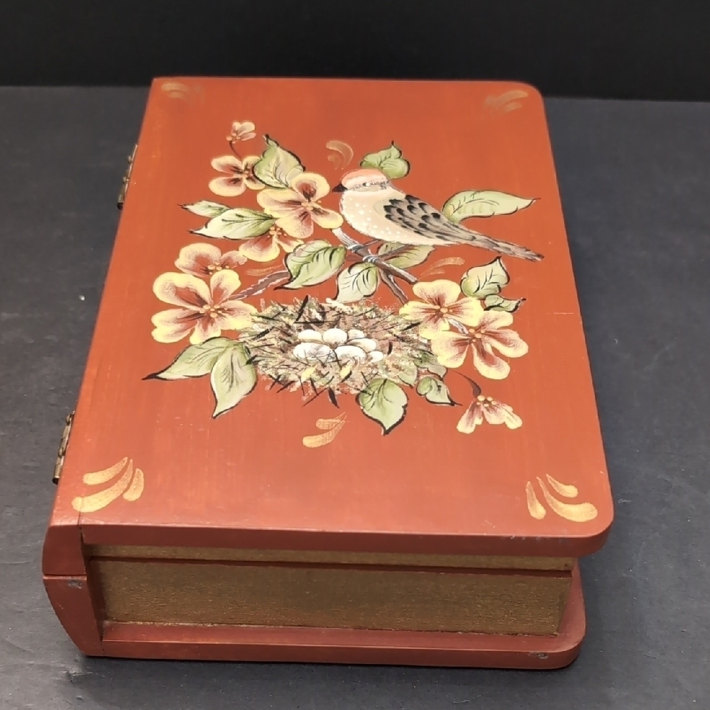 Hand-Painted Floral/ Bird Wooden Trinket Box.